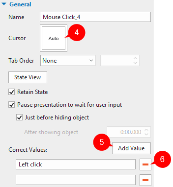 Set correct values for mouse click objects