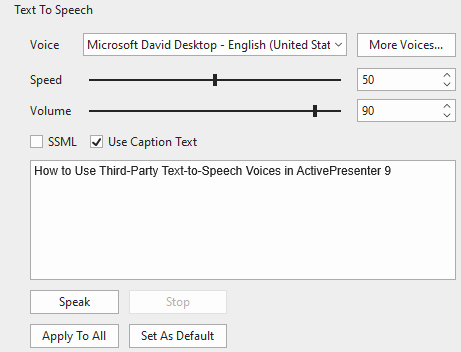 Text to Speech section in the Properties pane
