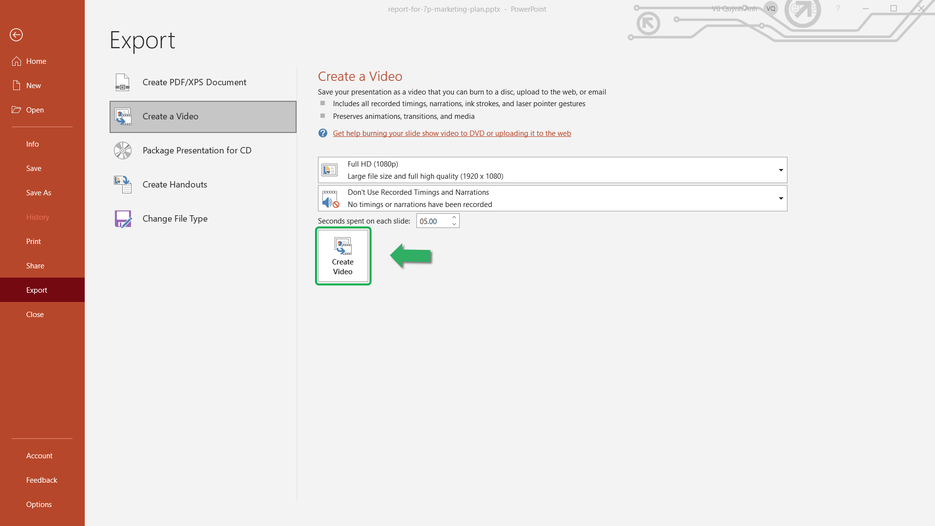 Choose Create Video to convert PowerPoint to MP4