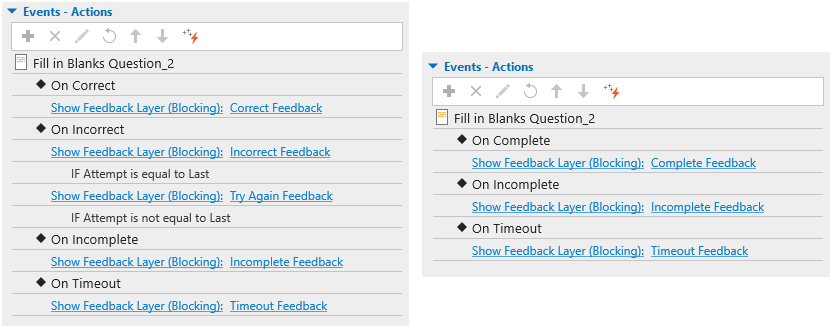 add events-actions to the fill in blanks question