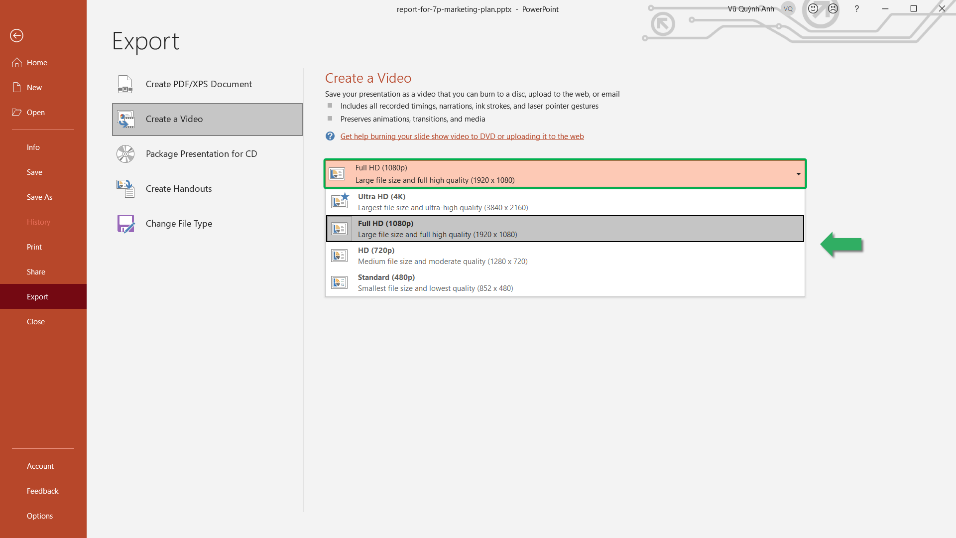 Choose video quality to convert PPT to MP4