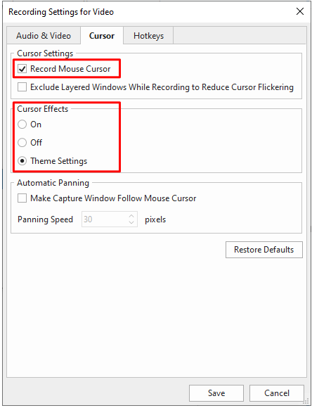custom theme in recording dialog to record custom cursor effects