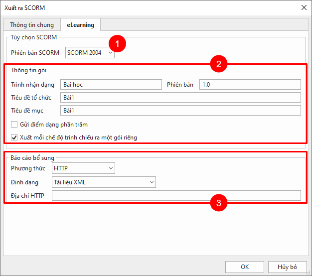 tab eLearning trong hộp thoại xuất ra SCORM