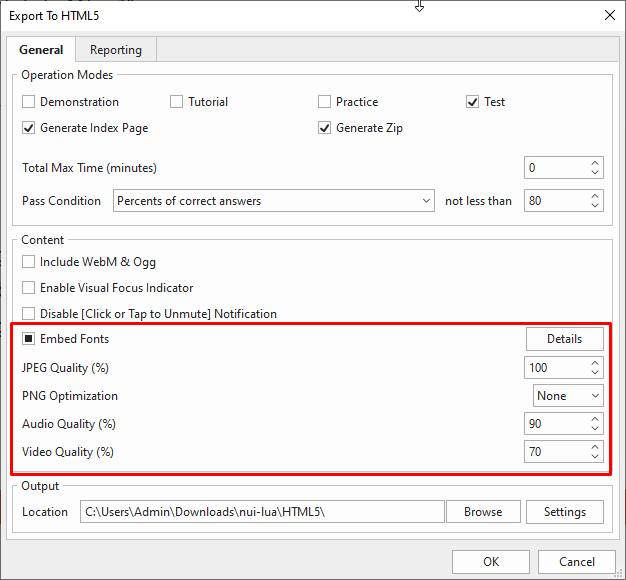 customize parameters in the export to HTML5 dialog