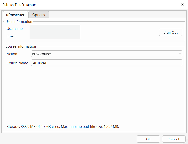 publish to uPresenter dialog