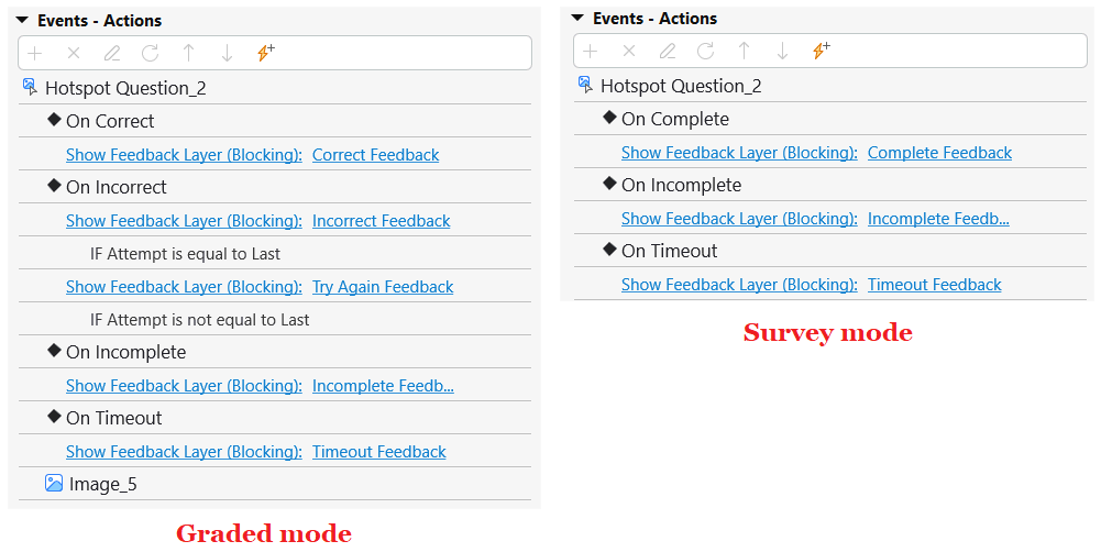 Add Events – Actions for questions in hotspot quiz