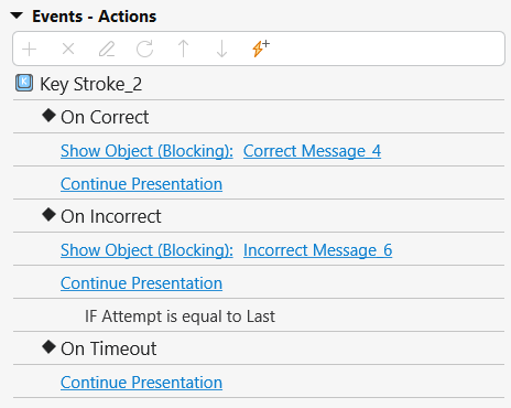 Add Events – Actions to key stroke objects