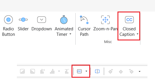 Click either the CC button on the Timeline pane or in the Insert tab.