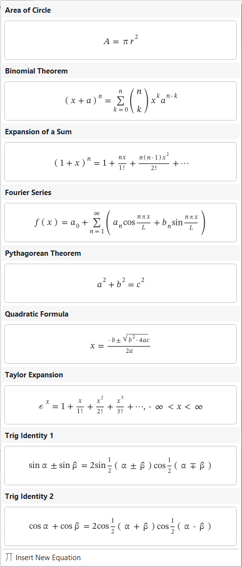Click the drop-down arrow, a list of default formulas and equations will be shown.