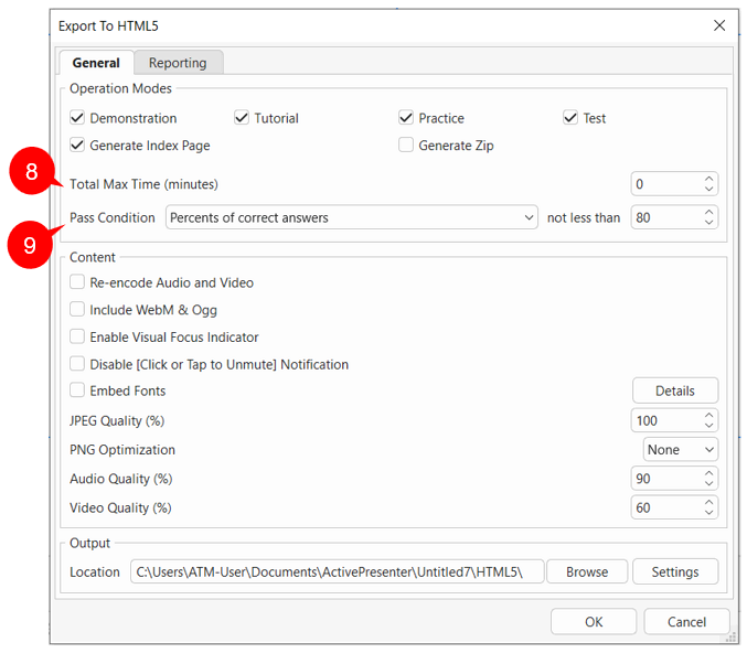 Export interactive quizzes to HTML5/SCORM/xAPI