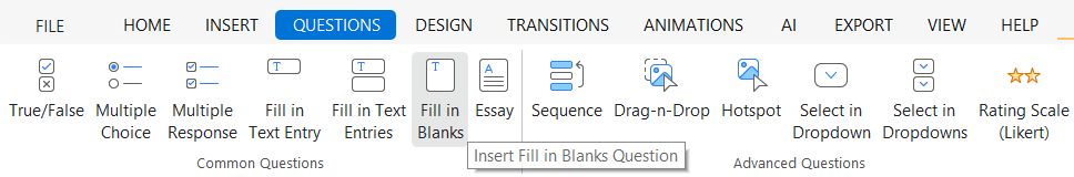Fill in Blanks question on the Questions tab