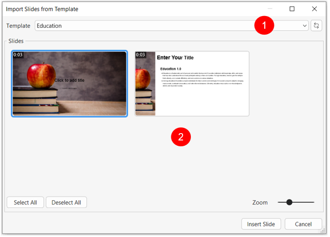 Import slides from template dialog