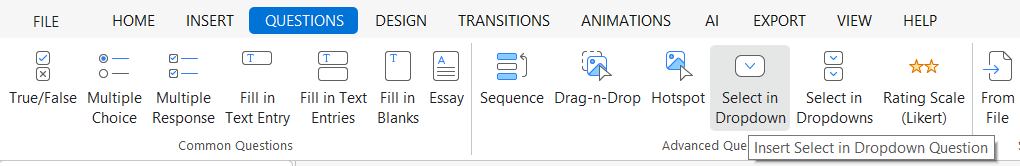 Questions tab > Select in Dropdown