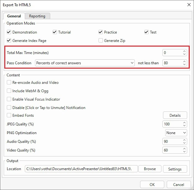 Set test duration and pass condition
