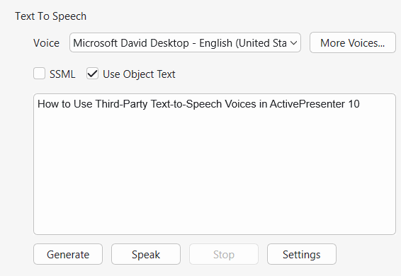 Text to Speech section in the Properties pane
