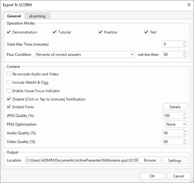 The General tab provides you with many settings for the final output.