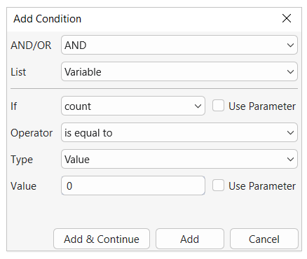 add condition to action in advanced actions dialog