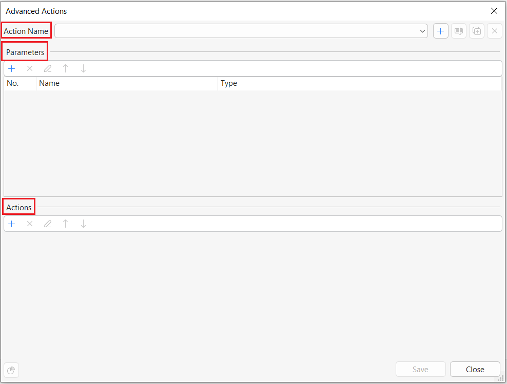 advanced actions dialog