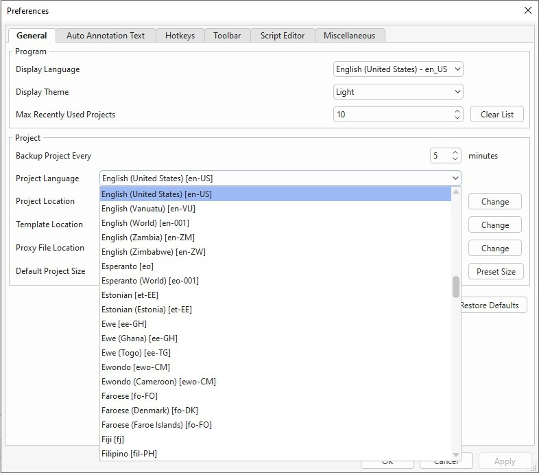 Change the Language of the Current Project