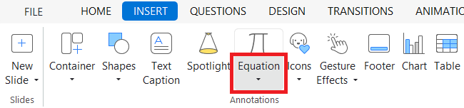 drop-down arrow on Equation icon