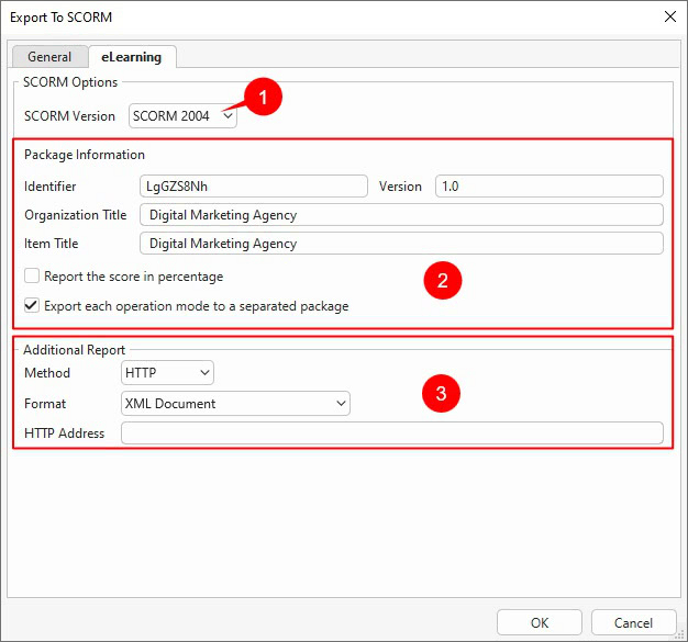 eLearning tab allows you to define some SCORM package information or use additional HTTP report.