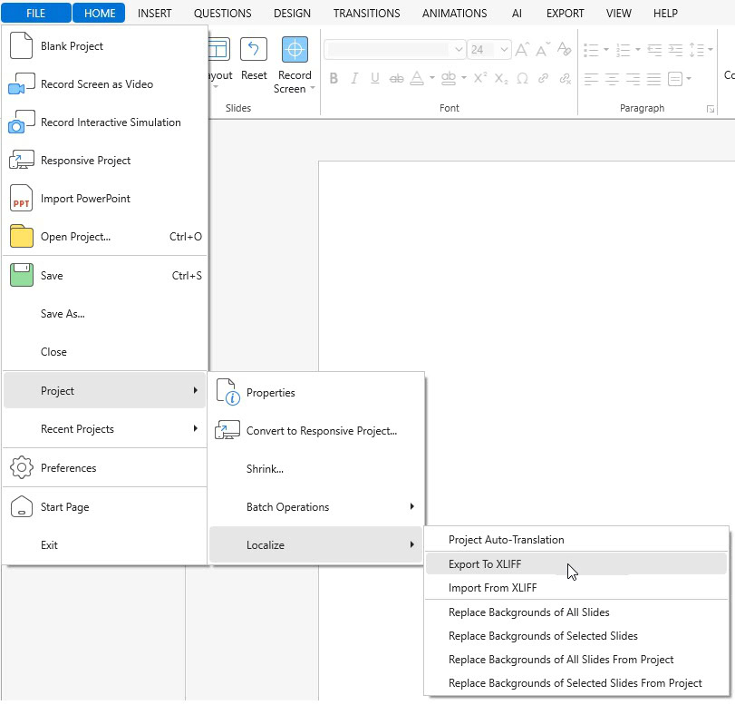 export to XLIFF for project localization