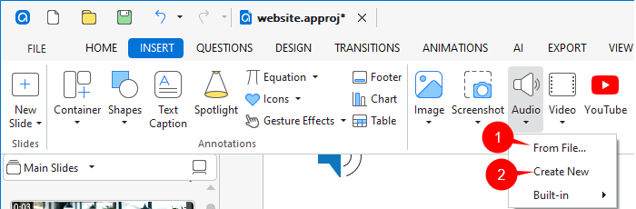 Insert an audio track as background music