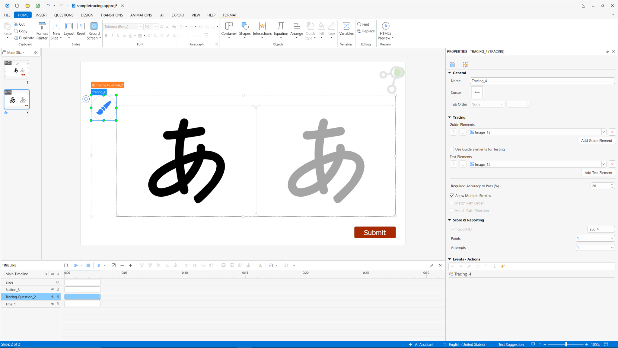 tracing question ActivePresenter with Kanji strokes