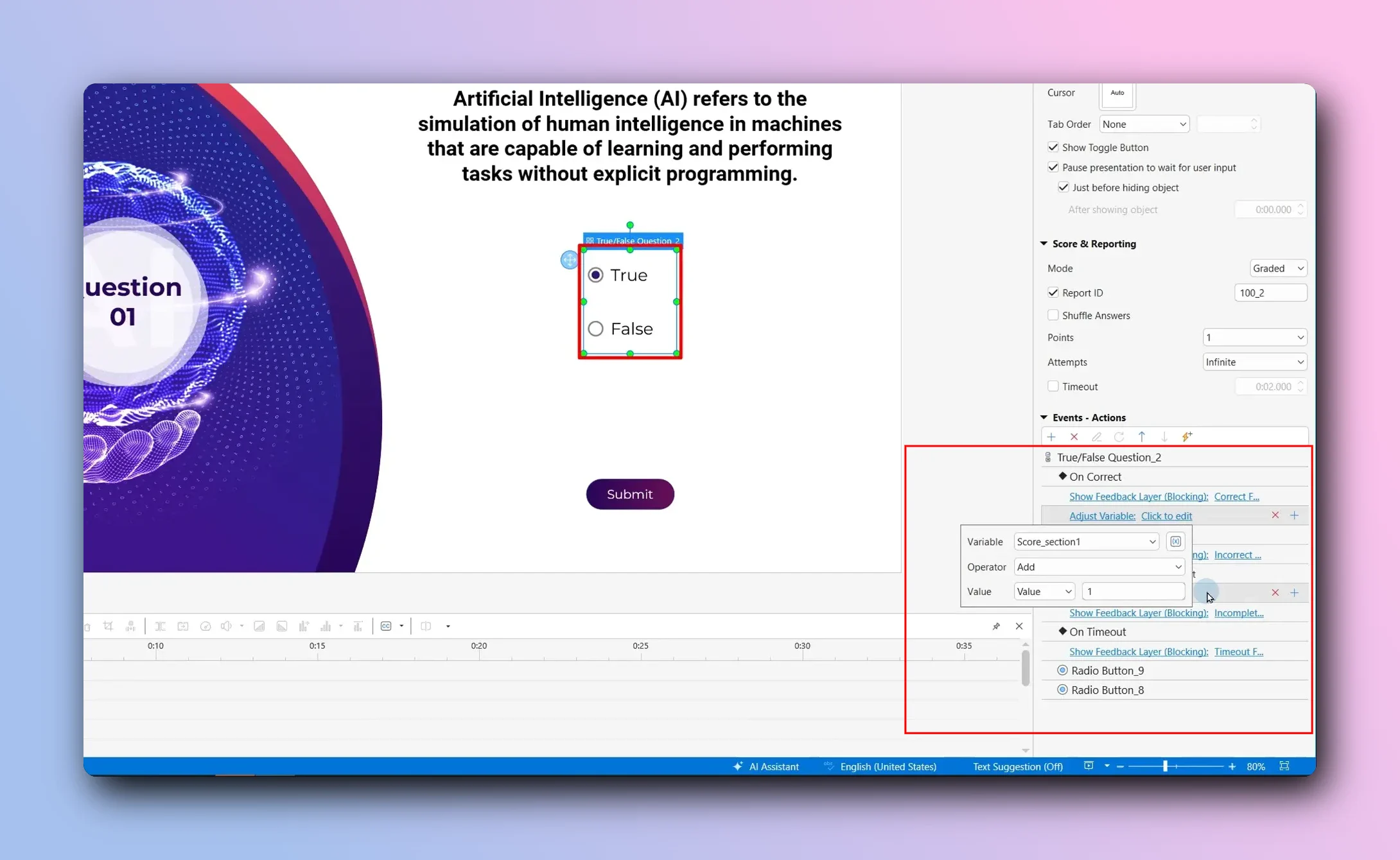 Add variables & events actions