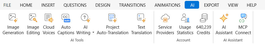 AI tab showing Image Generation, Image Editing, AI Writing, Translation, and MCP Connect tools