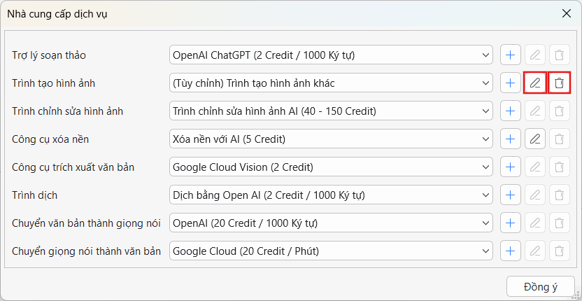 Chỉnh sửa Nhà cung cấp AI tùy chỉnh