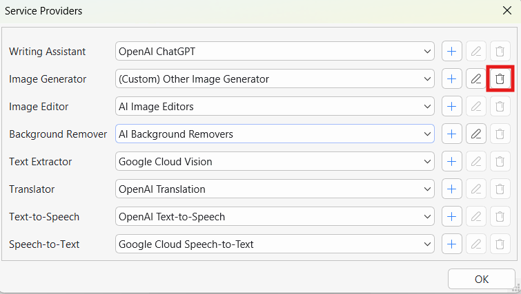Screenshot of the Service Providers settings panel showing multiple AI service options, with the delete icon highlighted for removing the custom image generator configuration.
