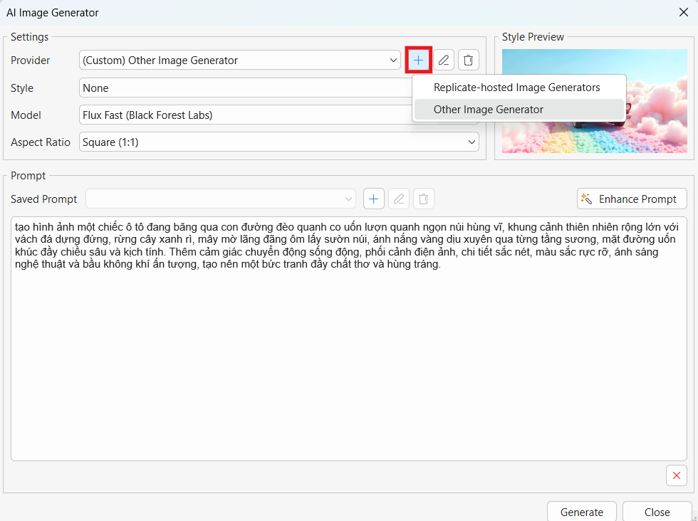 AI Image Generator dialog showing the option to add a new image generator provider