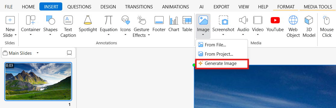 Insert menu showing the Generate Image option for AI image generation.
