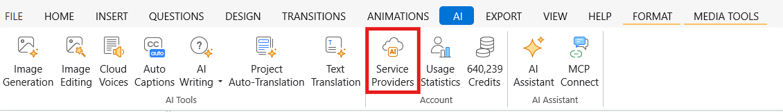 AI tab with the Service Providers button highlighted