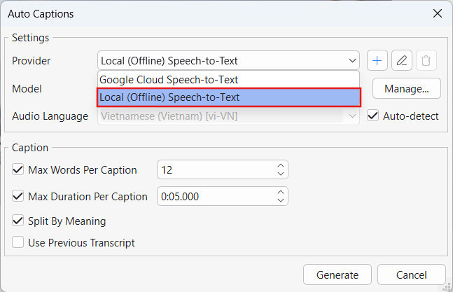 Select Local Offline Speech-to-Text in ActivePresenter 10.6
