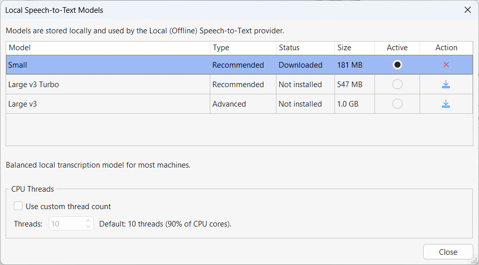 Download and manage a local Whisper model in ActivePresenter 10.6