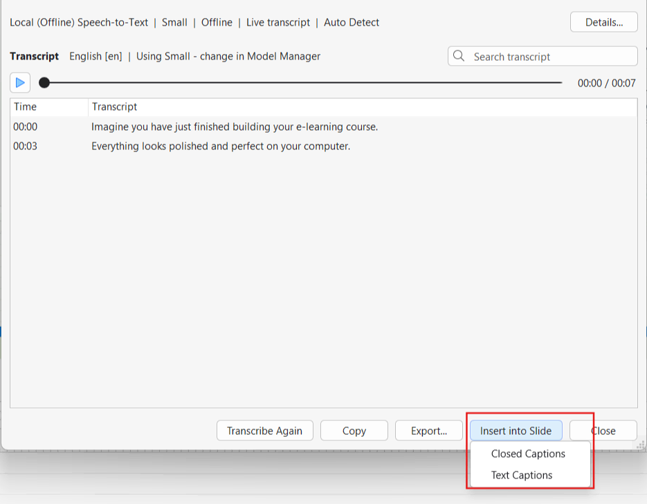 Transcribe audio or video locally in ActivePresenter 10.6