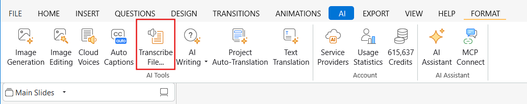 Open Transcribe File from the AI tab in ActivePresenter