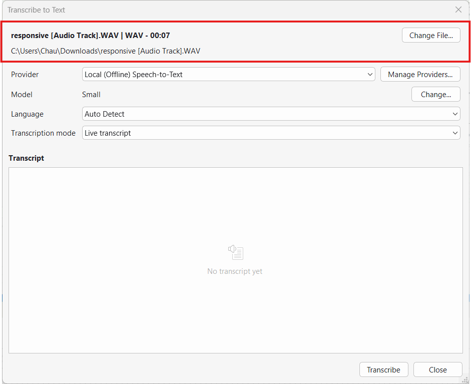 Transcribe to Text dialog with source and transcription settings