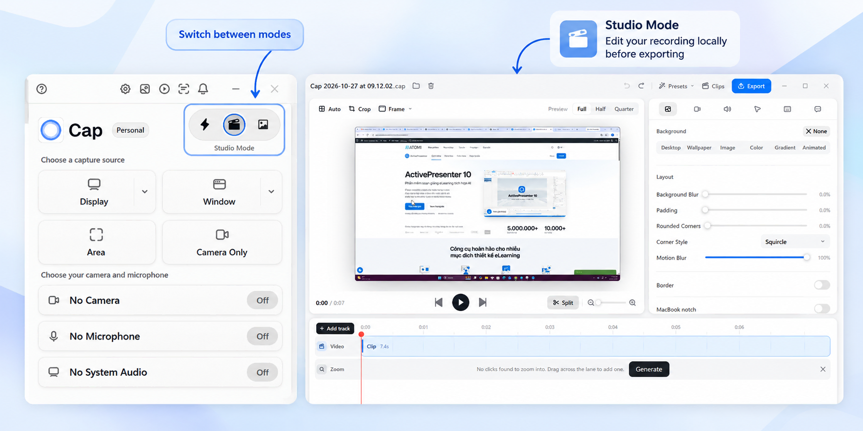Cap Instant and Studio workflows for sharing or editing screen recordings